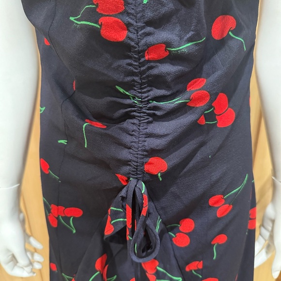 Aqua Cherry print Midi Blue Dress Size Small Red Blue Ruffle Clinch front Dress - Picture 9 of 16